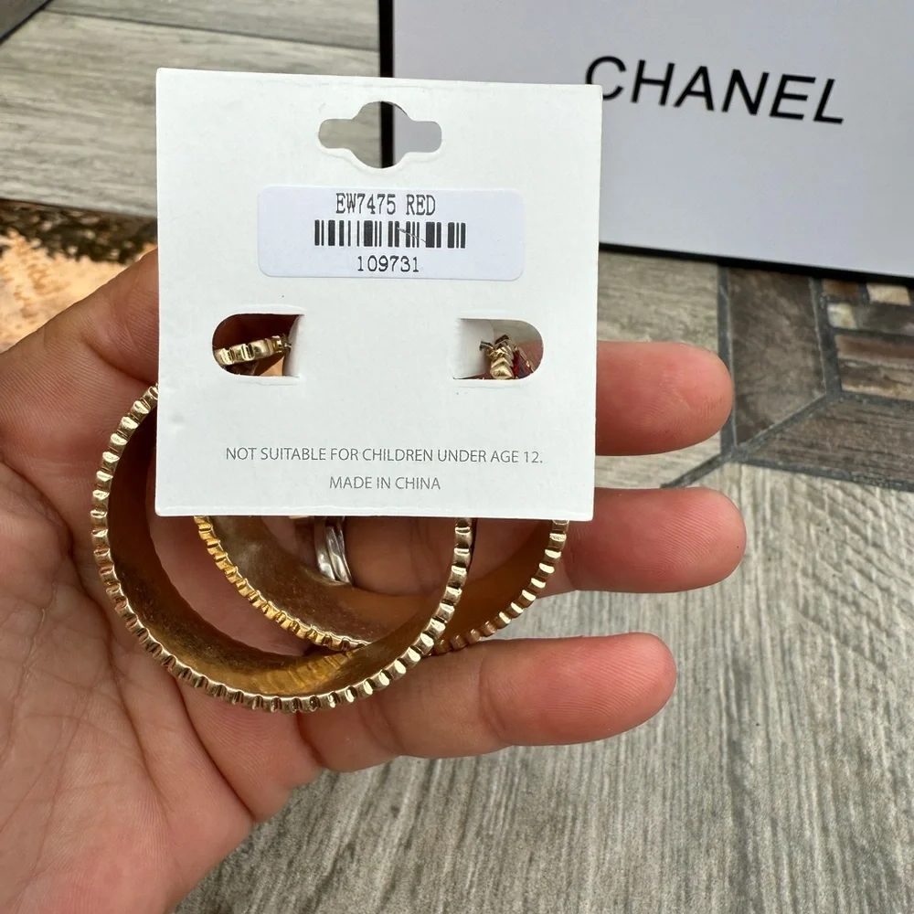 Gold Hoop Earrings with Red Leopard Print Accent